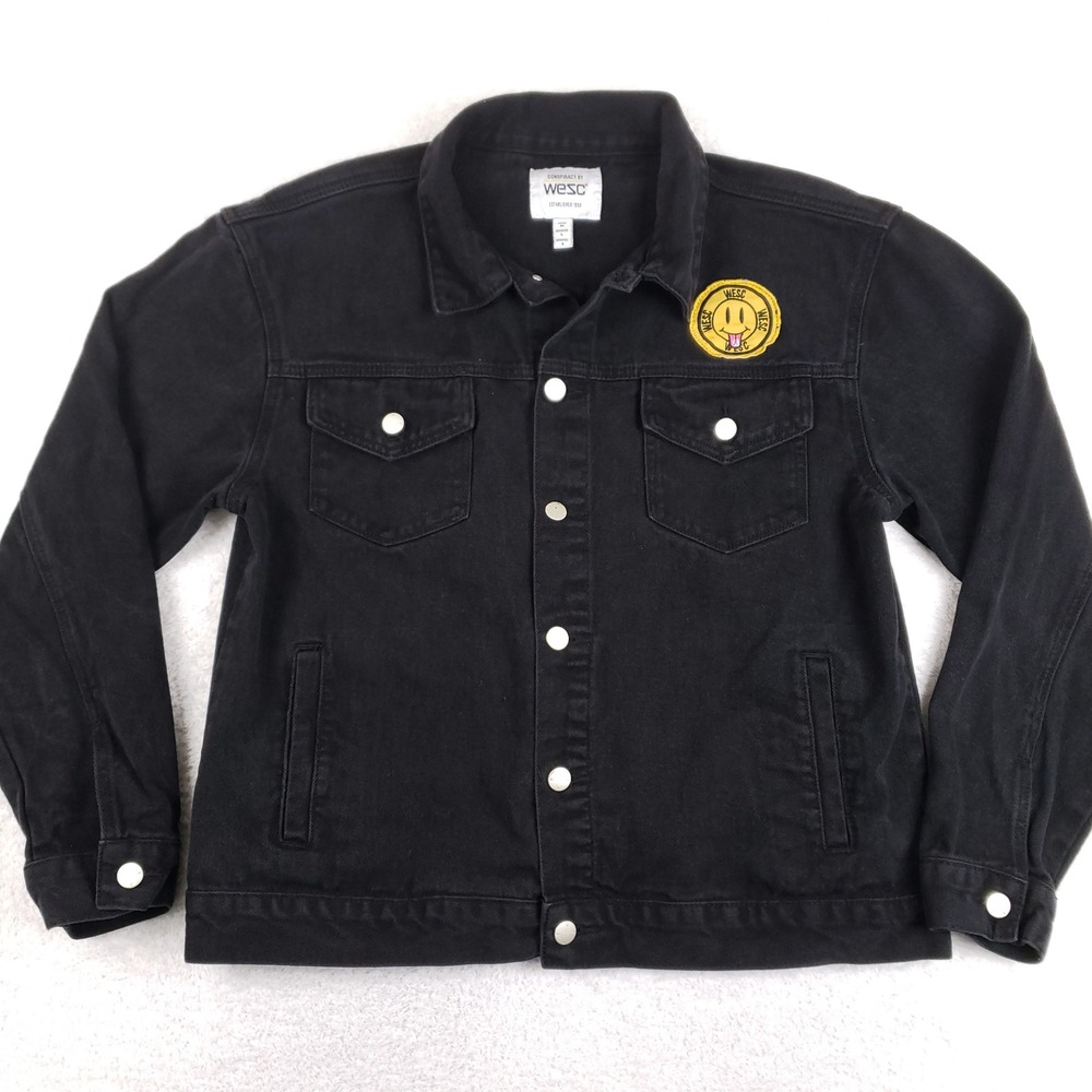WeSC Black Denim Trucker Jacket Smiley Face Graphic Unisex Medium Skater Grunge